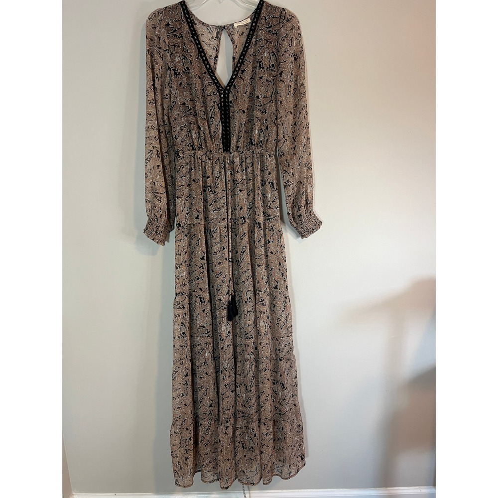 Lovestitch Womens Paisley Maxi Dress Brown Black Crochet V-Neck Long Sleeve S